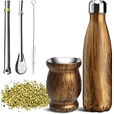 Artcome 5pc Stainless Steel Yerba Mate Cup Set - 1 8.5oz Stainless Steel Double-Wall Mate Cup, 1 17oz Thermos, 2 Bombillas (Yerba Mate Straw), 1 Brush, Easy to Clean, Solid and Durable
