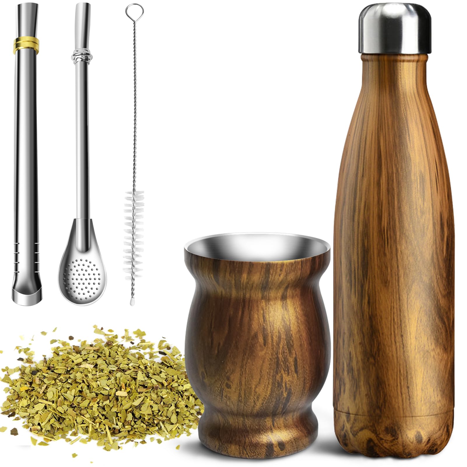 Artcome 5pc Stainless Steel Yerba Mate Cup Set - 8.5oz Double-Wall Cup, 17oz Thermos, 2 Bombillas, 1 Brush, Easy to Clean, Solid and Durable