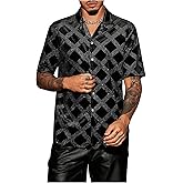 WDIRARA Men's Rhinestone Plaid Button Down Shirt Short Sleeve Collar Neck Summer Shirts