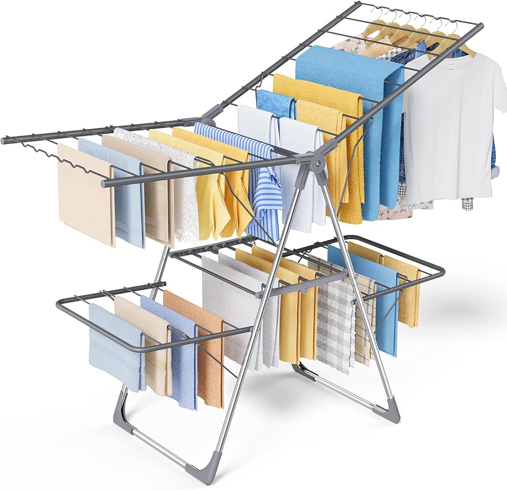 Sakugi Clothes Drying Rack, Foldable 2-Level Laundry Drying Rack with Height-Adjustable Wings, for Clothing &amp; Bedding, Free-S
