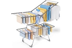 Sakugi Clothes Drying Rack, Foldable 2-Level Laundry Drying Rack with Height-Adjustable Wings, for Clothing & Bedding, Free-S