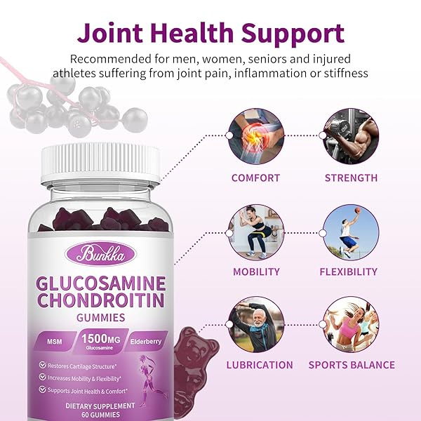 BUNKKA 2 PACK GLUCOSAMINE CHONDROITIN GUMMIES EXTRA STRENGTH W/MSM,ELDERBERRY,HYALURONIC ACID-CHEWABLE JOINT SUPPORT SUPPLEMENT FOR WOMEN,MEN,ADULTS-ANTIOXIDANT SUPPORT FOR JOINT COMFORT & MOBILITY