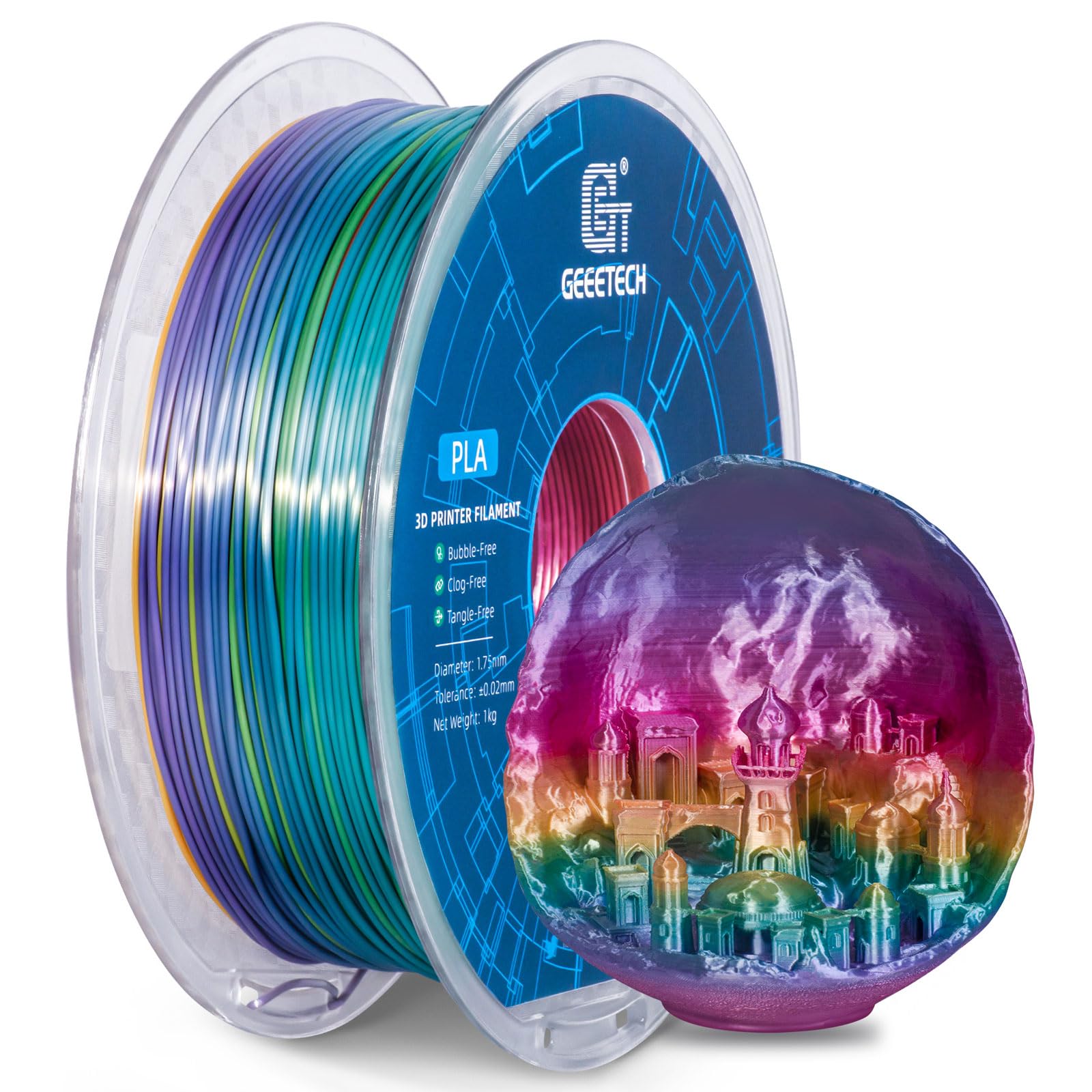 3d Printer Filament 1.75mm,PLA Filament 1KG Spool,Rainbow Multicolor,GEEETECH PLA