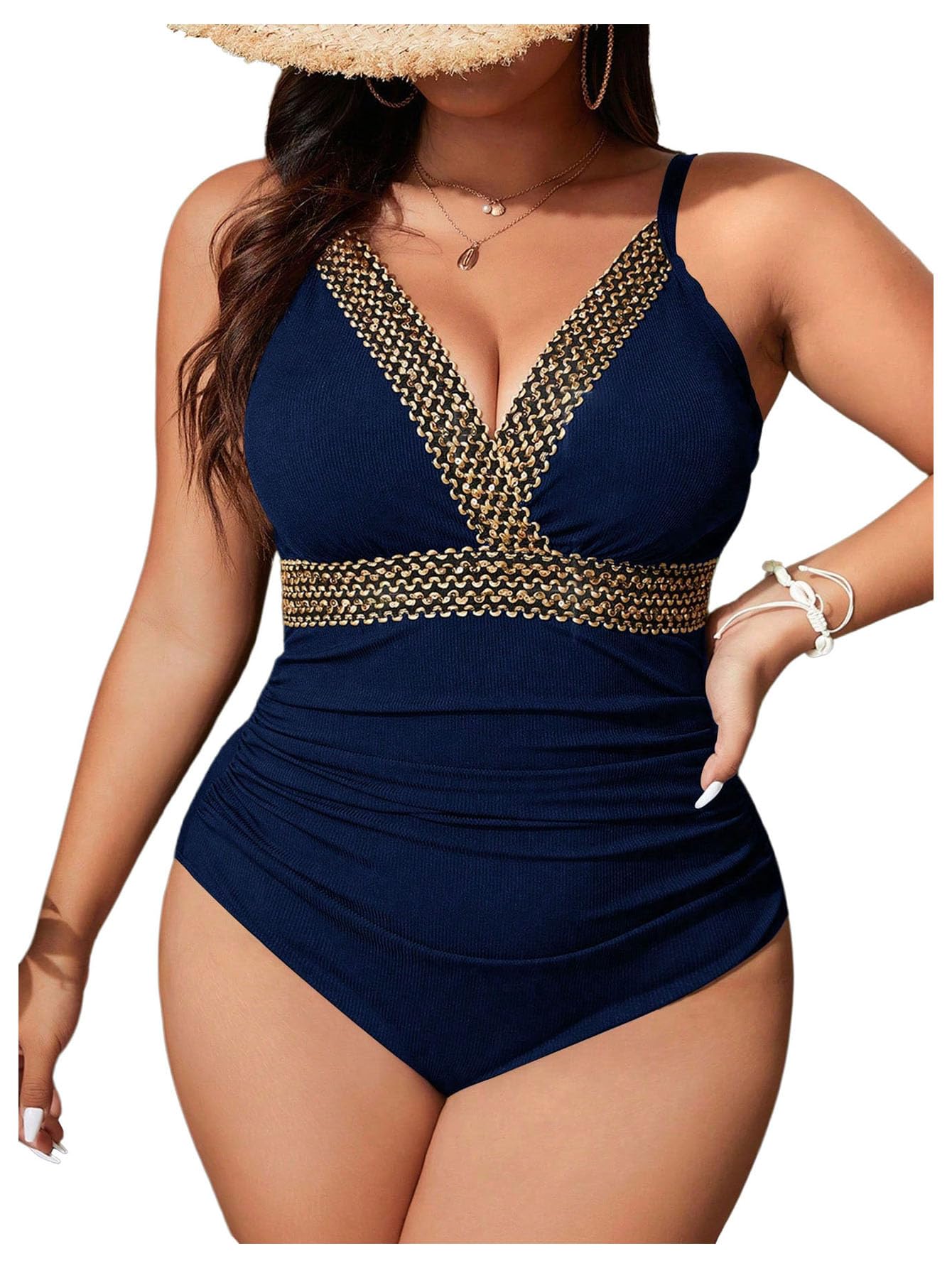 Photo 1 of Floerns Women's Plus Size One Piece Swimsuit Ribbed Knit Patchwork Ruched Beachwear Dark Blue 3X-Large Plus