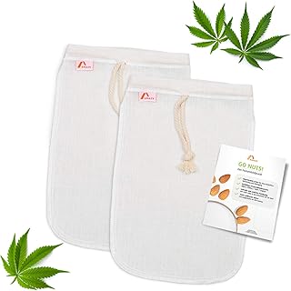 Amazy 2er Set Nussmilchbeutel aus Hanf inkl. Beileger mit Anwendungstipps | 100% natürlich – Vielseitiges Passiertuch zur Zubereitung von Nussmilch, Gemüsesäften und Smoothies (2 Stück | 20 x 30 cm)