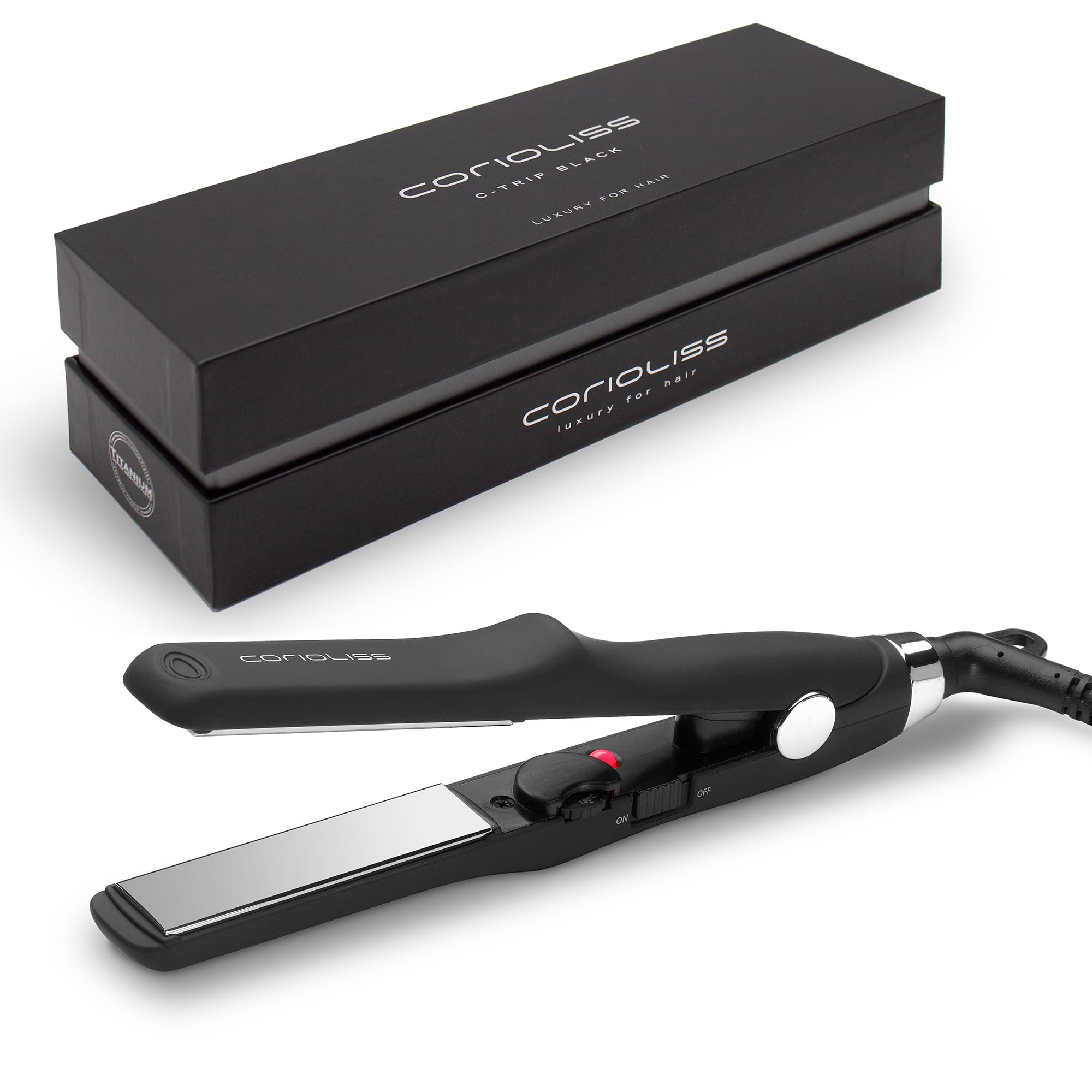 Corioliss C-Trip | Mini Hair Straightener for Women | Professional Titanium Plates | Ionic Flat Iron | Temperature Control 150°C-210°C | Dual Voltage for Travel | UK Plug | Black