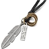 COOLSTEELANDBEYOND Aged Silver Feather Pendant with Adjustable Black Leather Cord Retro Style Necklace Unisex Men Women