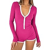 INFITTY Rompers for Women Long Sleeve Jumpsuit V Neck Onesie Pajamas Sexy Ribbed Button Down Sleepwear
