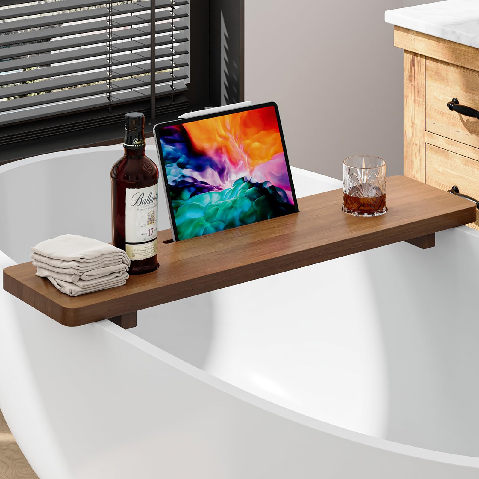 Photo 1 of Premium 1.2IN Thickened African Solid Teak Bathtub Tray, 35” Waterproof Bath Caddy with Adjustable Legs, Bathtub Accessories, Fits Most Bath Tubs