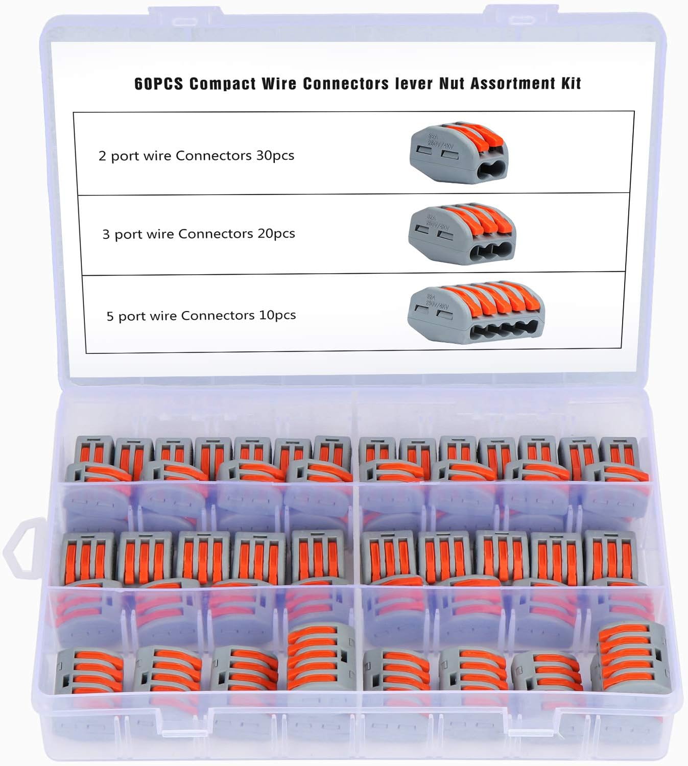 Aussel Compact Wire Connectors, Lever Nut Terminal Block, Wire Push Cable Connector Assortment Kit 2 3 5 Port, 60 Pieces