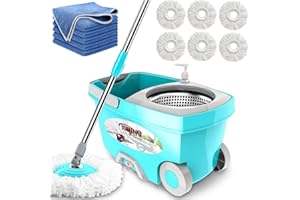 Microfiber Floor Mops for Floor Cleaning, Tsmine Wood Floor Mop Commercial Spin Mop and Bucket with Wringer Set, Wet and Dust Mopping with 6 Replacement Mop Heads & 6 Cleaning Cloths for Home Kitchen