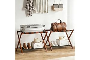 BAMBOOHOMIE Bamboo Luggage Rack for Guest Room, 26.77" Folding Wide Suitcase Stand with Fabric Storage Shelf, Luggage Stand H