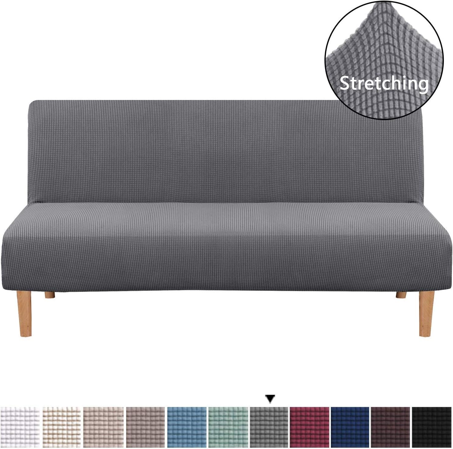 Anyow Stretch Couch Cover, Armless Couch Slipcover, Furniture Protector |Soft Sofa Covers for 3 Cushion Couch with Elastic Bottom for Kids and Pets, Spandex Jacquard Fabric Small Checks (Gray)