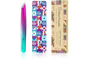 Expert Slant Tip Tweezers with Leather Case, GlamTweeler Sharp & Precision Stainless Steel Tweezer for Eyebrows, Facial Hair and Fine Hairs Removal (Sparkle Purple & Turquoise)