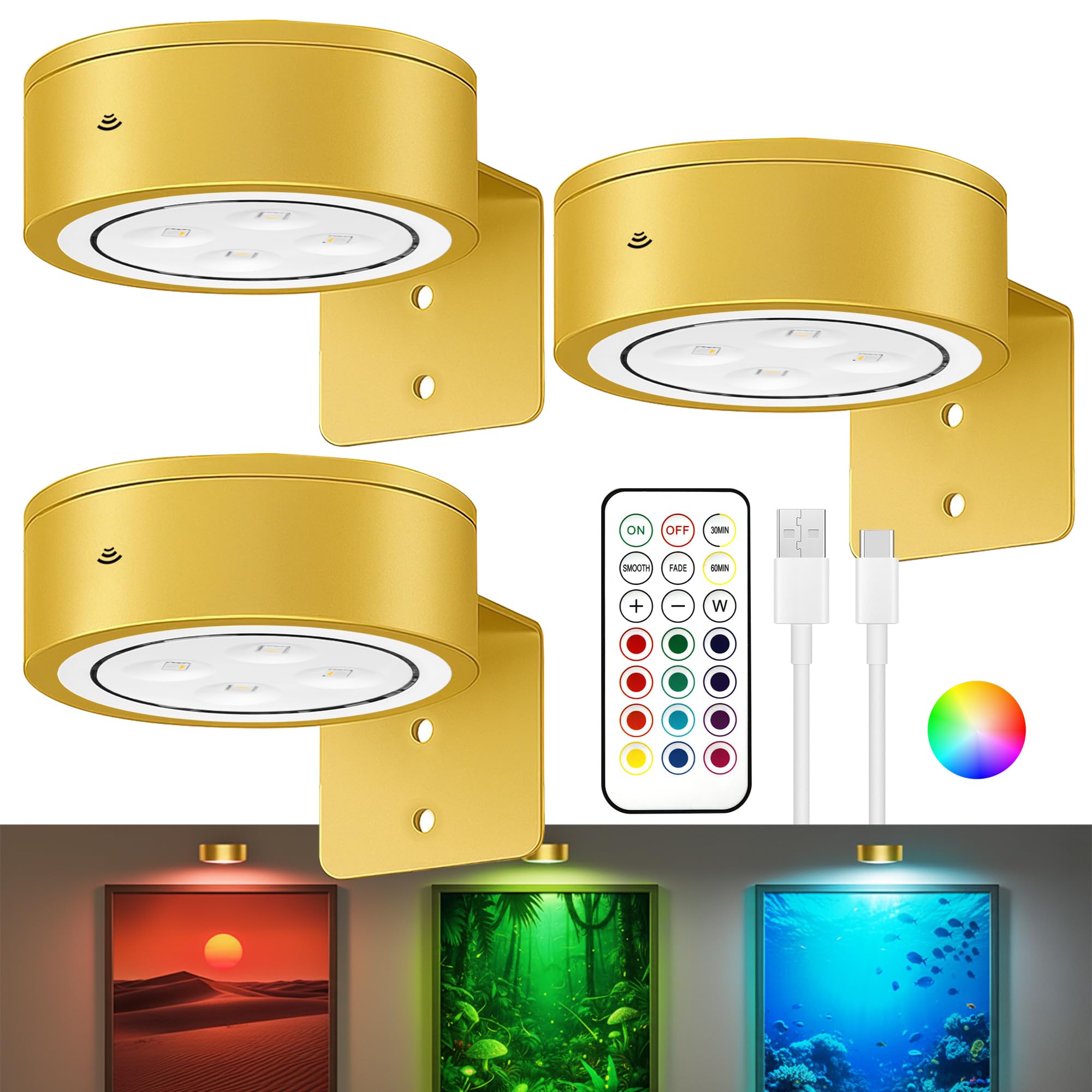 Photo 1 of 2-Pack Picture Lights for Wall, 13 RGB Color Changing Led Art Display Light with Rechargeable Battery Operated, Magnetic Painting Light with Remote Control, Wireless Home Wall Decorative Lighting