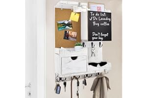 HEKOOLA Key Holder Wall Mount Mail Organizer Key and Mail Holder for Wall Key Hooks with Shelf, Drawer, Chalkboard, Corkboard, Key Hanger Mail Organizer Wall Mounted for Room Entryway (Whitewashed)