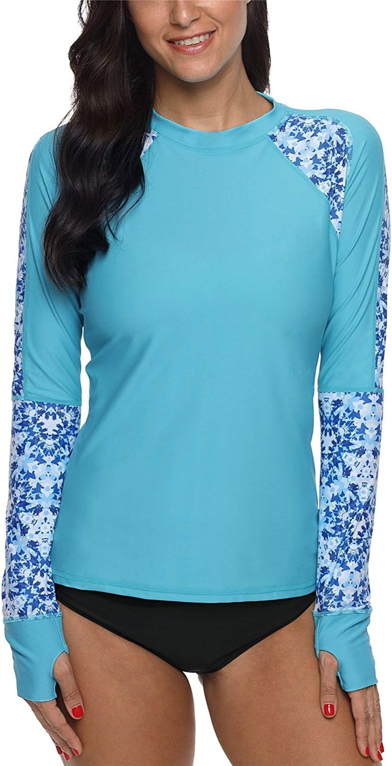 ALove Women's UPF 50+ Long Sleeve Rash Guard Colorblock Swim Shirts Printed UV Shirts