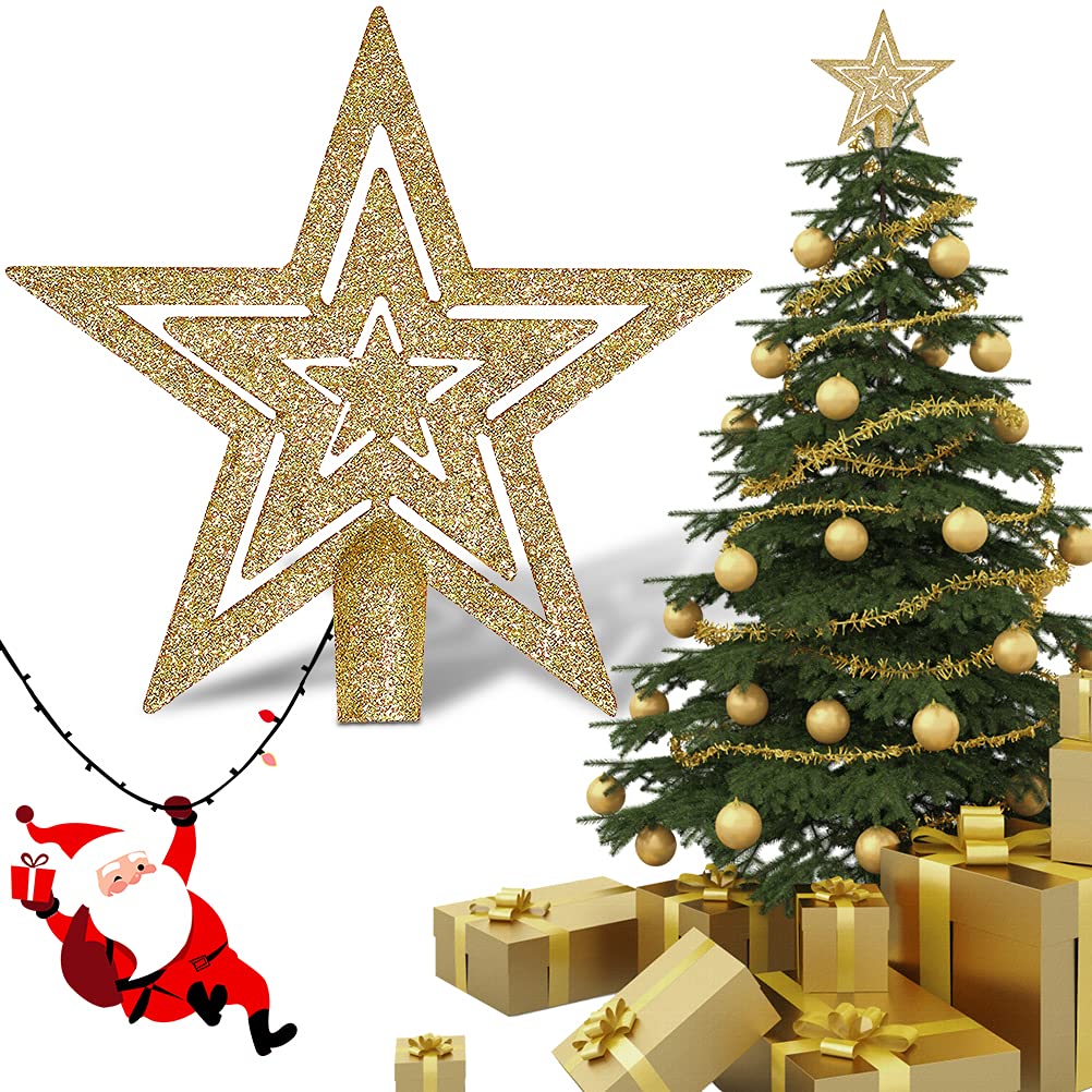 Christmas Tree Topper Star, Gold Christmas Tree Star Topper Xmas Star Tree Topper Ornament, Glitter Pentagram Star Christmas Tree Toppers for Christmas Tree Top Home Party Decoration (19 cm/7.5 inch)