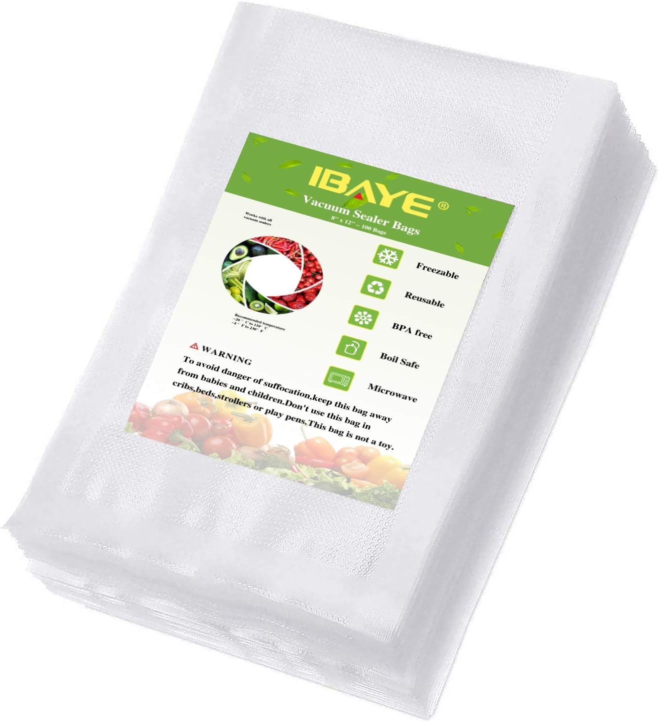 ibaye Vacuum Sealer Bags for Food, 100 Pint 8'' x 12'' Grade Food Saver Bags, Seal a Meal, BPA Free, Heavy Duty, Perfect for Vacuum Storage, Sous Vide or Meal Preparation