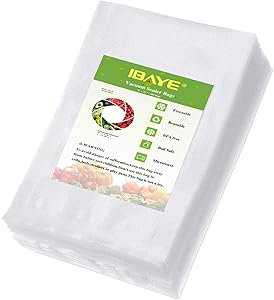 ibaye Vacuum Sealer Bags for Food, 100 Pint 8'' x 12'' Grade Food Saver Bags, Seal a Meal, BPA Free, Heavy Duty, Perfect for Vacuum Storage, Sous Vide or Meal Preparation
