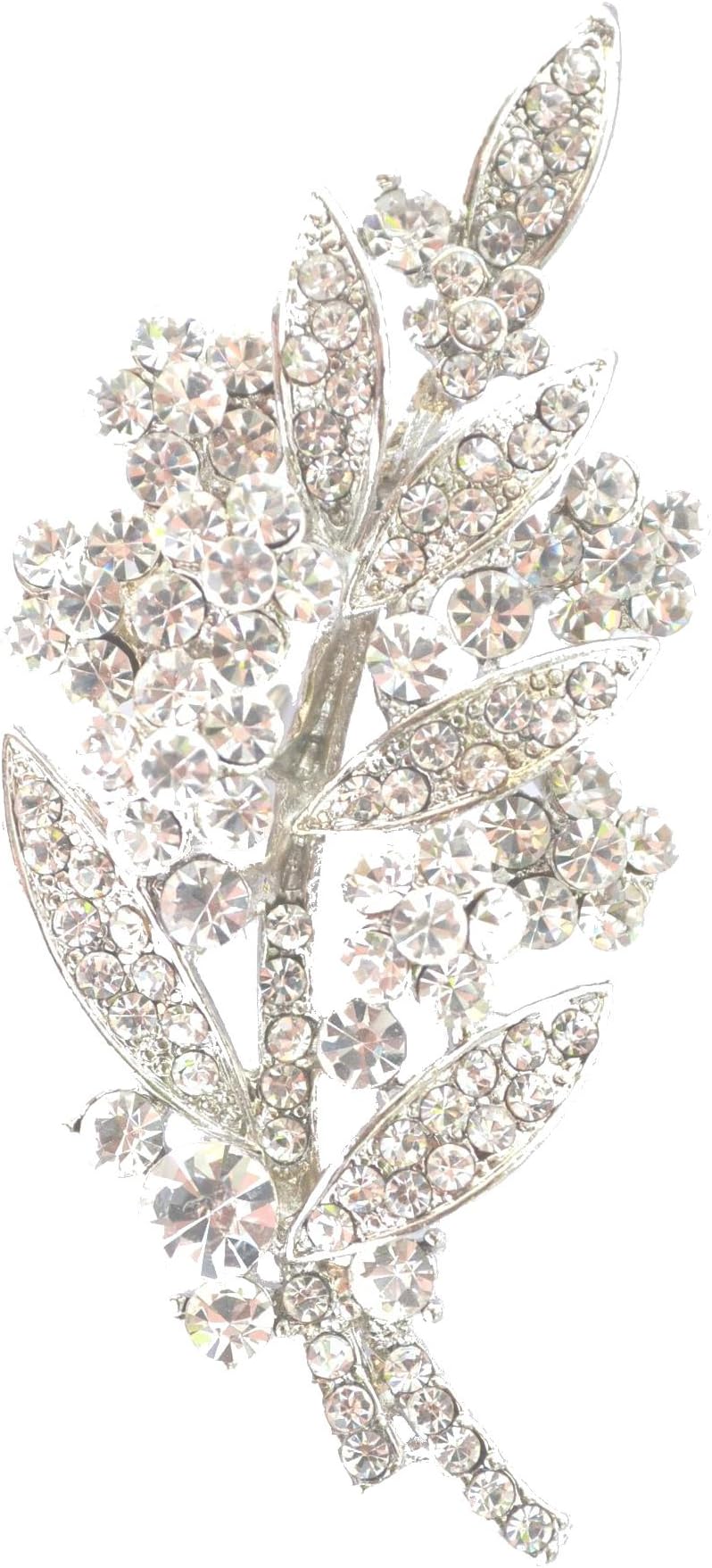Wedding Bridal Leaf - Twig- Floral Brooch in Silver - Leaf Brooch/Pins, 40mm x 25mm in Silver-Tone Rhodium Finish in Diamante Crystals