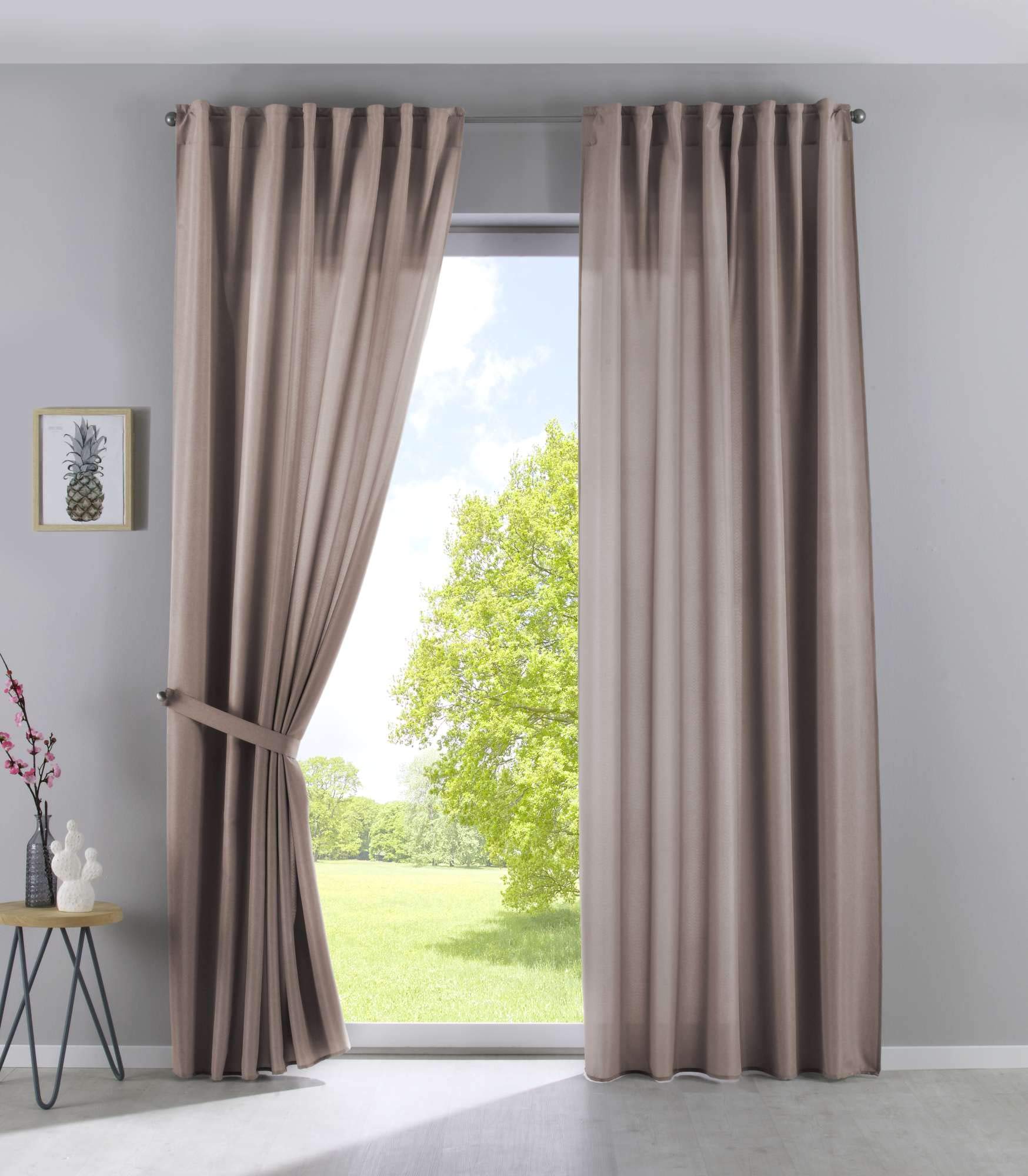 Gardinenbox Set of 2 Cationic Jena Opaque Linen Look Curtains Mottled Curtain Tape with Tie Backs, 100% Polyester, Taupe, H 225 x W 140 cm