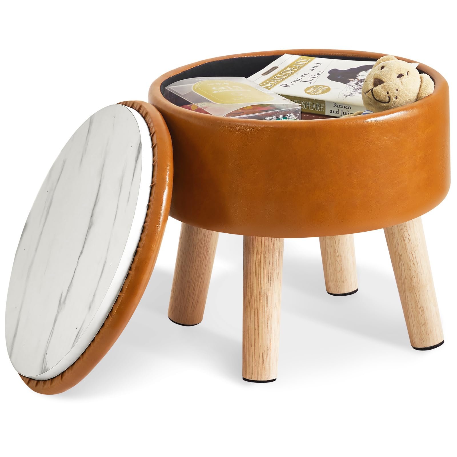Photo 1 of IBUYKE 13 Inch Foot Stool Ottoman with Storage, Round Small Foot Rest with Padded Seat and Wood Legs, PU Faux Leather Mini Footstool for Living Room Couch Bedroom Entryway, Yellowish-Brown WBD023J