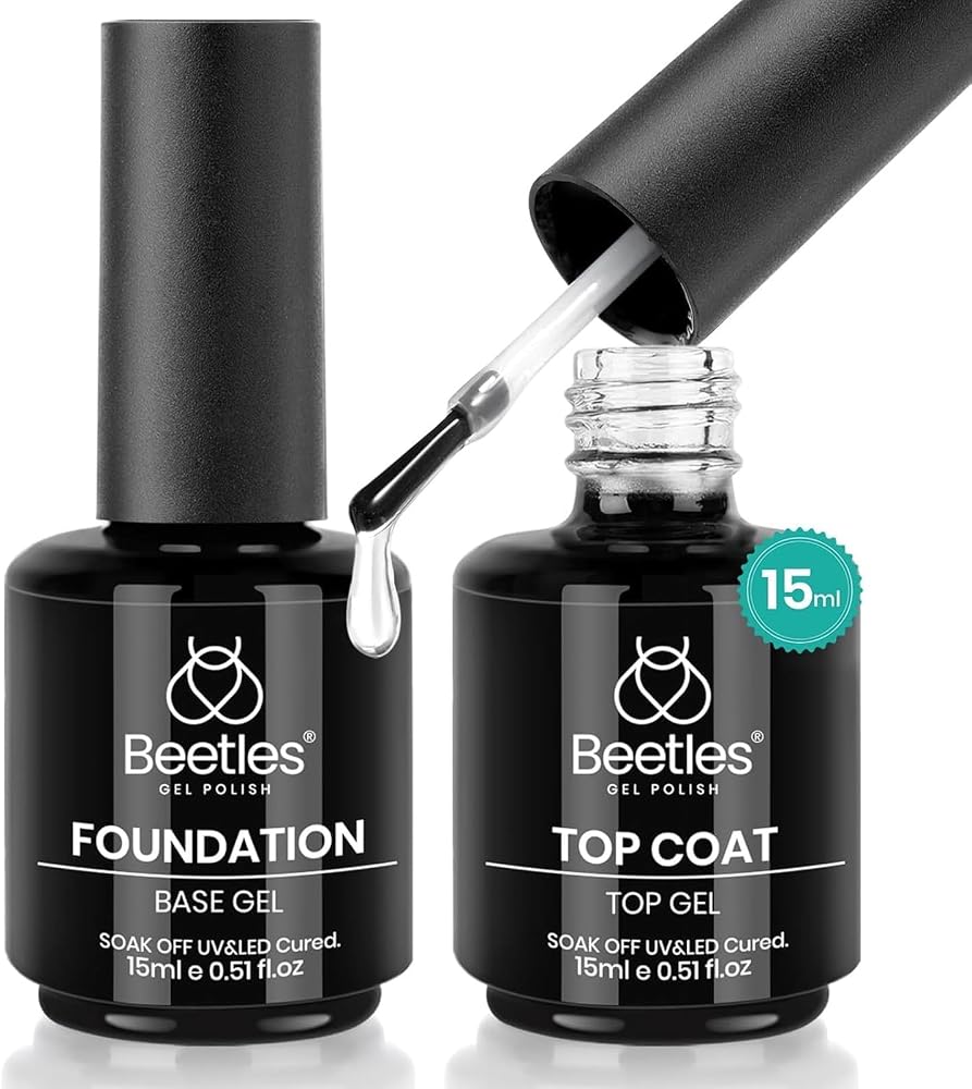 Beetles 2 Pcs 15ml No Wipe Gel Top Coat and Base Coat Set | Long Lasting Soak Off LED Nail Lamp Gel Base Top Coat Stay Lock S