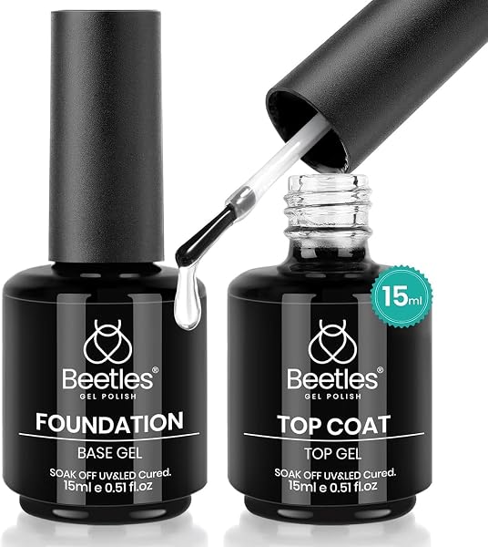 Beetles 2 Pcs 15ml No Wipe Gel Top Coat and Base Coat Set | Long Lasting Soak Off LED Nail Lamp Gel Base Top Coat Stay Lock S
