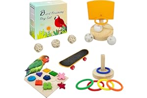 HOORITO Bird Toys for Parakeets,5pcs Parrot Toys Set (Include Basketball Hop,Skateboard,Stacking,Parrot Wooden Block Puzzles,Small Sepak Takraw) Parakeet Toys for Bird Training Toys