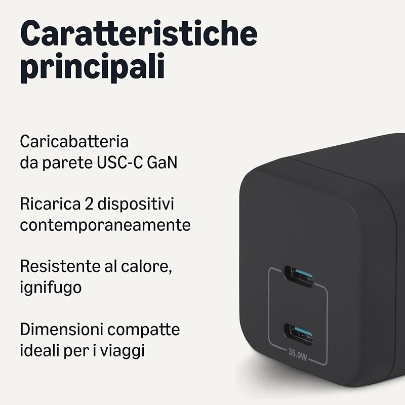 Caricabatterie da Parete Nano GaN USB-C con Ricarica Rapida, 35W a 2 Porte per Tablet e Smartphone, Nero — foto 2 di 5