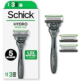 Schick Hydro Sensitive 5-Blade Razors for Men, 1 Handle &amp; 3 Refills | 5-blade mens razors for shaving, 7 hydrating gel pools, Protective guards for sensitive skin, Flip-back precision edging tool