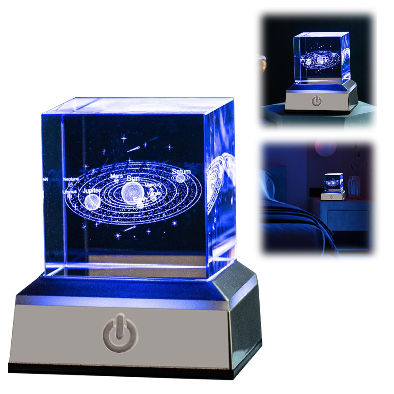 3D Solar System Crystal Cube, 5cm K9 Crystal Galaxy Cube Space Lamp with LED Colorful Light Base Solar System Star Planet Model Ornaments Night Light for Son Celestial Decor