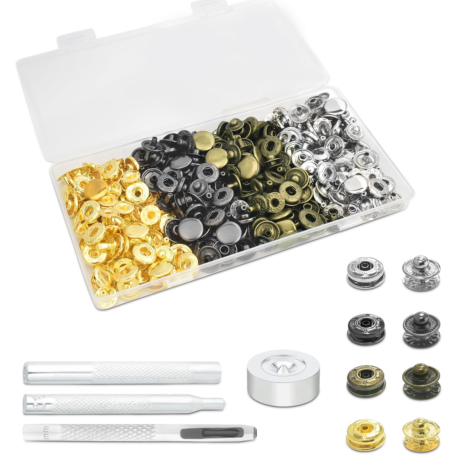 Photo 1 of 50Sets Snaps Button Kit, Leather Snaps Fasteners, Metal Button Press Studs with 4 Install Tools for Fabric Leather Bag Clothes Jackets Bracelets Fashion DIY Sewing (10mm, Mixed)