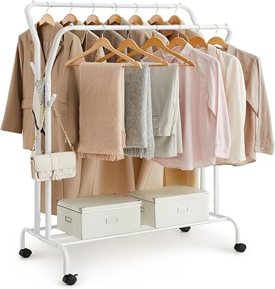 SONGMICS Clothes Rail Double Hanging Rack with Wheels White HSR107W01