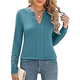 Fayenne Blouses for Women Dressy Casual Long Sleeve Business Casual Tops Pleated V Neck Lace Work Tunic Trendy Fall Shirts