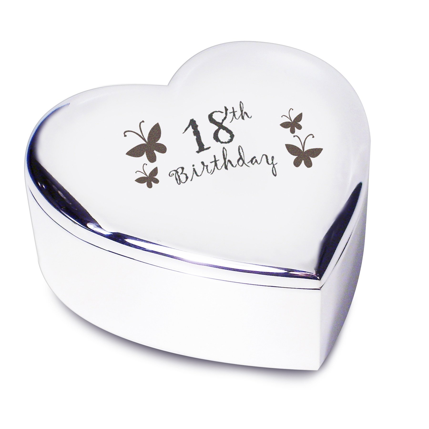 18th Birthday with Butterflies Silver Finish Heart Shaped Trinket Box Gift for Birthday