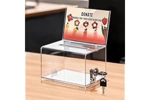 KYODOLED Clear Donation Box for Fundraising with Lock & Sign Holder, Multi-Use Voting and Raffle Box, Tip Jar, Secure Storage, Durable Plastic, 6.2'' x 4.6'' x 4.0''