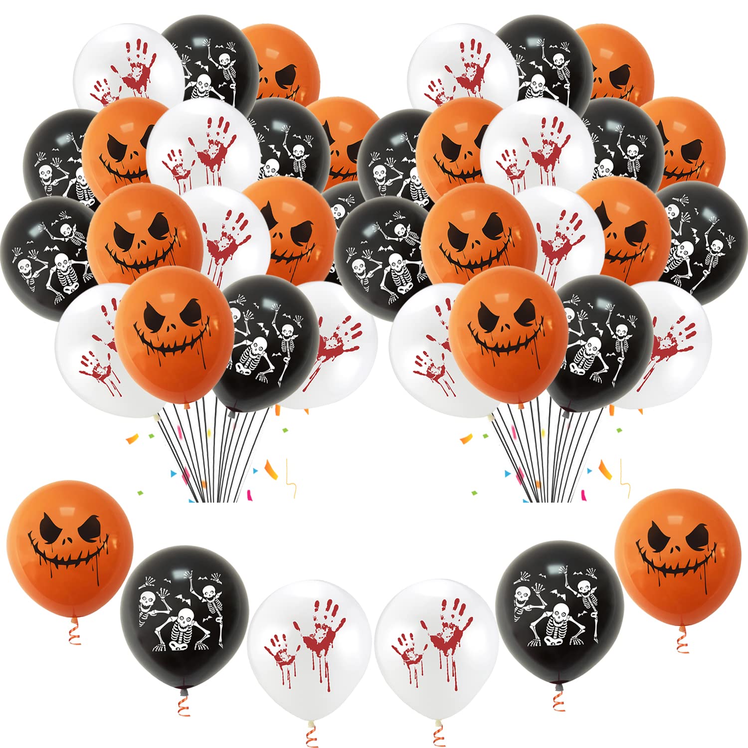150pcs Halloween Balloons Decorations Set, Tomario 12 Inch Black Orange White Balloons Happy Halloween Ghost Skeleton Blood Hand Latex Baloons for Haloween All Hallows' Day Party Decorations