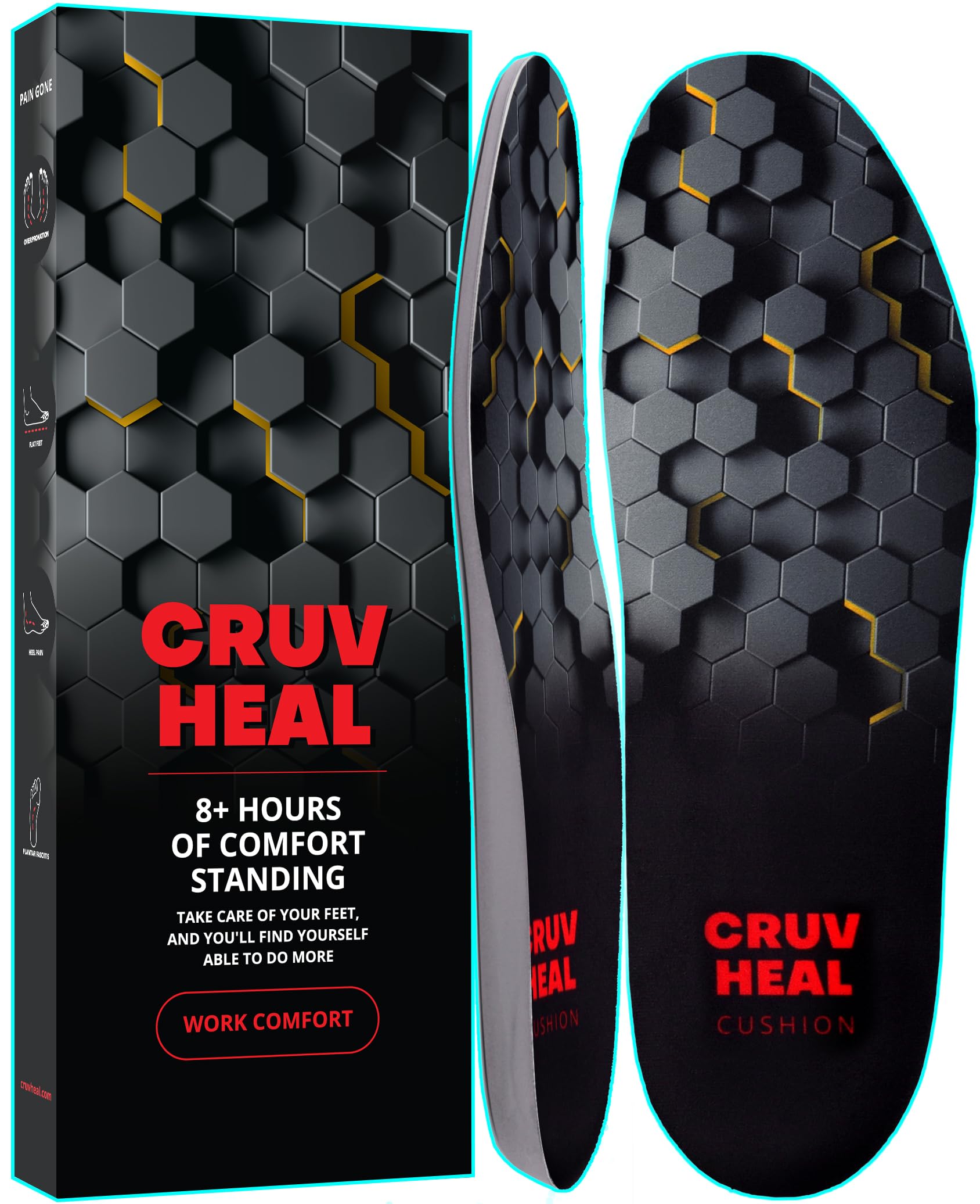 Photo 1 of (New) Work Comfort Orthotic Insoles - Anti Fatigue Shoe Insert Men Women - Low Arch Support - Shock Absorption - Foot Pain Relief - Work Boot Insoles (Black Hexagons, L)