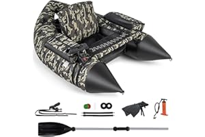 GYMAX Fishing Float Tube, 350lbs Portable Fishing Boat with Adjustable Shoulder Straps, Manual Pump, Paddle, Flippers, Fishing Rod Holder & Fish Ruler, Inflatable Adult Belly Boat for Fishing