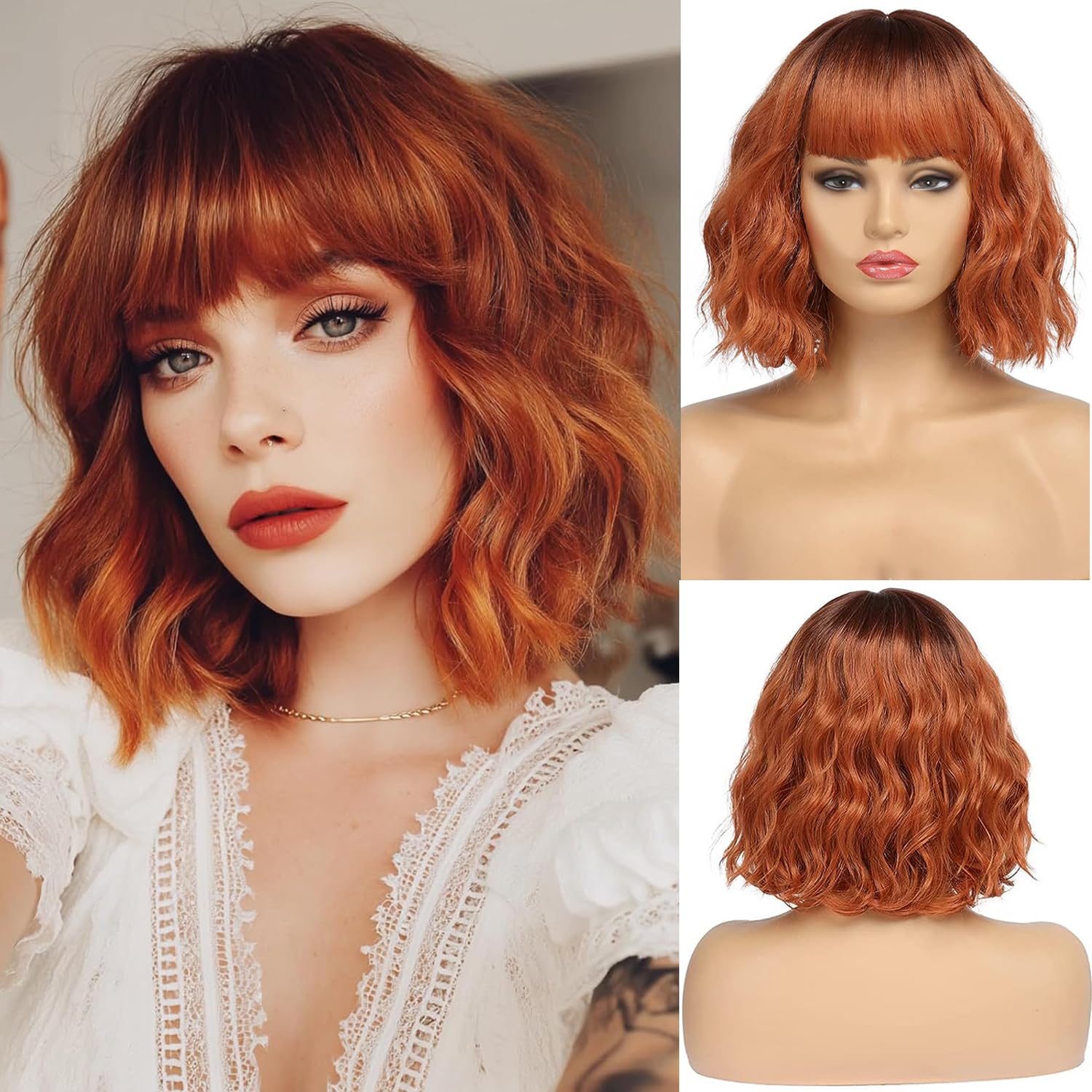 PORSMEER Short Ombre Coppre Red Wavy Bob Wig with Fringe Natural Looking Synthetic Hair Wigs for Women Ladies Party Or Daily Wear 12inch — image 1