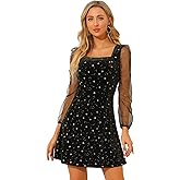 Allegra K Women's Sparkly Glitter Velvet Mesh Sheer Sleeve Star Metallic Dress