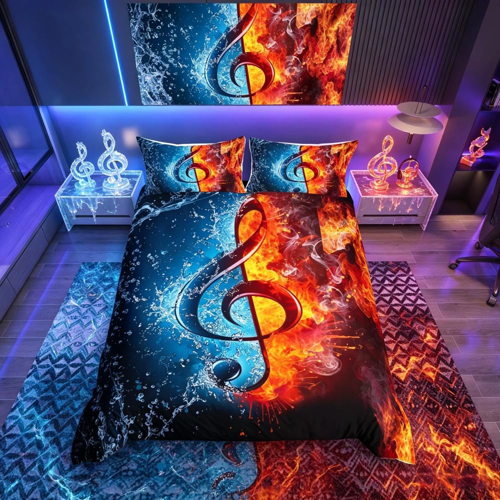 Homemissing Music Themed Duvet Cover Set Water Flame Music Note Print Bedding Set Double Size Luxury Musical Pattern Comforter Cover for Kids Boys Girls Men Women Hipster Style Bedspread Cover — image 1