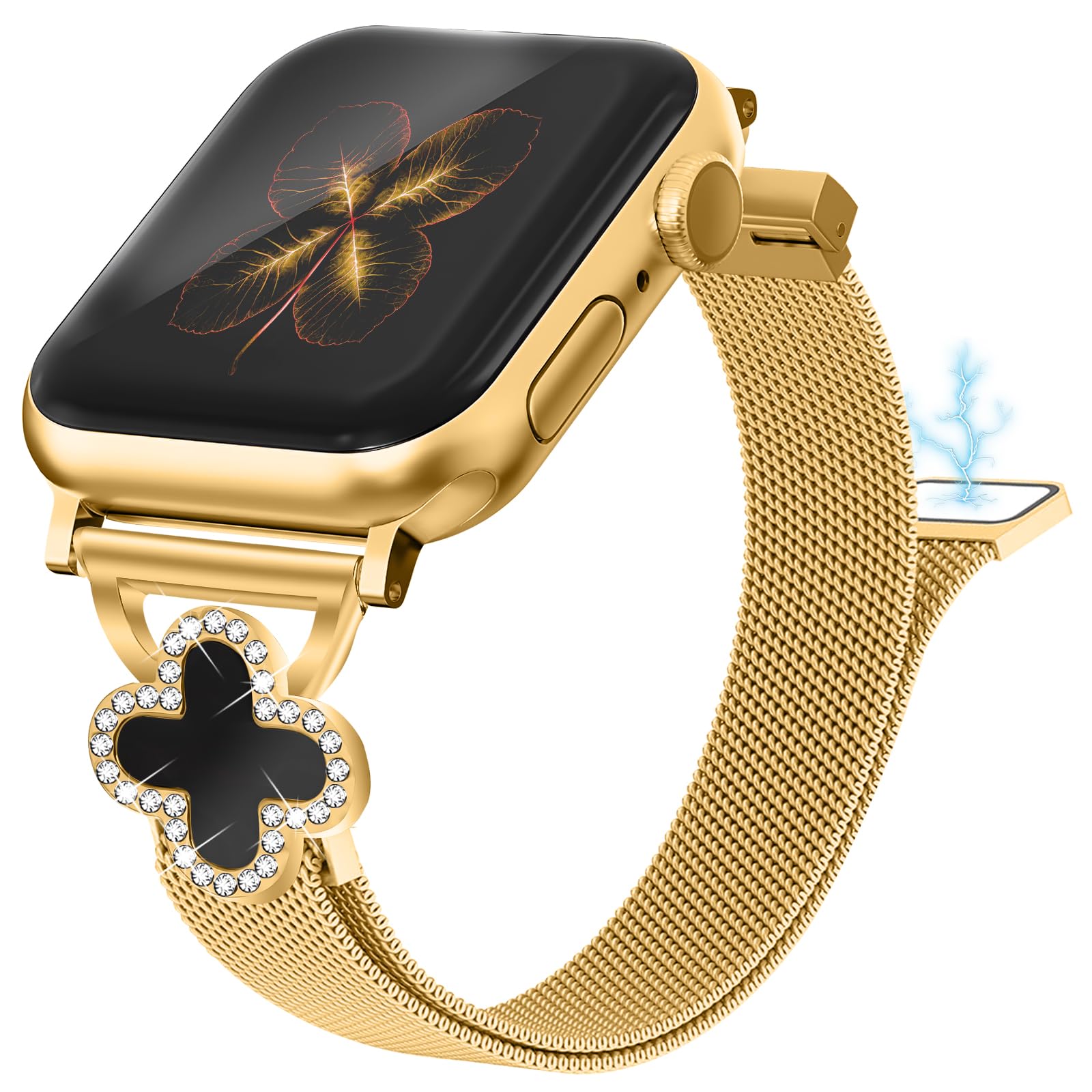 Photo 1 of Joyozy Slim Metal Band Compatible with Apple Watch Band 38mm 40mm 41mm 42mm 44mm 45mm 46mm 49mm Skinny Magnetic Strap with Bling Charms, Cute Stainless Steel Band, Dressy Thin iWatch Bracelet for Women (Gold)