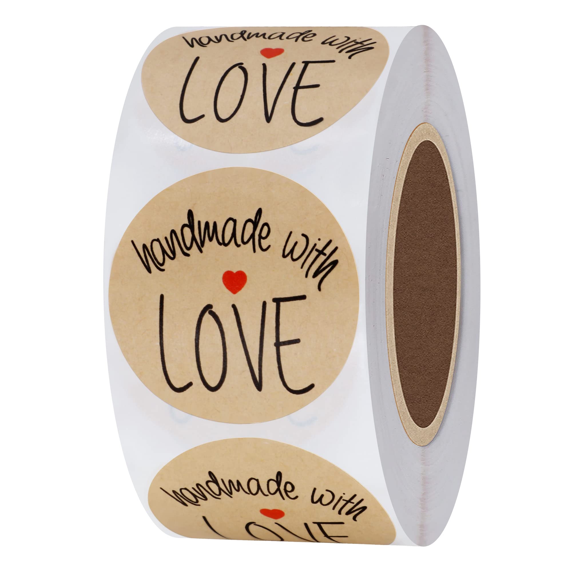 Hylabelest 1.5 Inch Round Handmade with Love Stickers Natural Kraft Hand Made Labels Total 500 Adhesive Labels Per Roll (1.5")