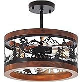 Rustic Farmhouse Semi-Flush Mount Ceiling Light Fixture, Round Metal and Wood 3-Light with Bear Design, E26 Base Wildlife Cab