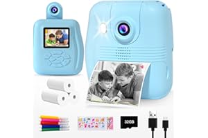 GKTZ Kids Camera Instant Print - 1080P HD Instant Print Photo - Christmas Birthday Gifts for Age 4 5 6 7 8 9 10 Girls Boys - Portable Toy with 32GB Card, 3 Rolls Photo Paper, 5 Color Pens - Blue