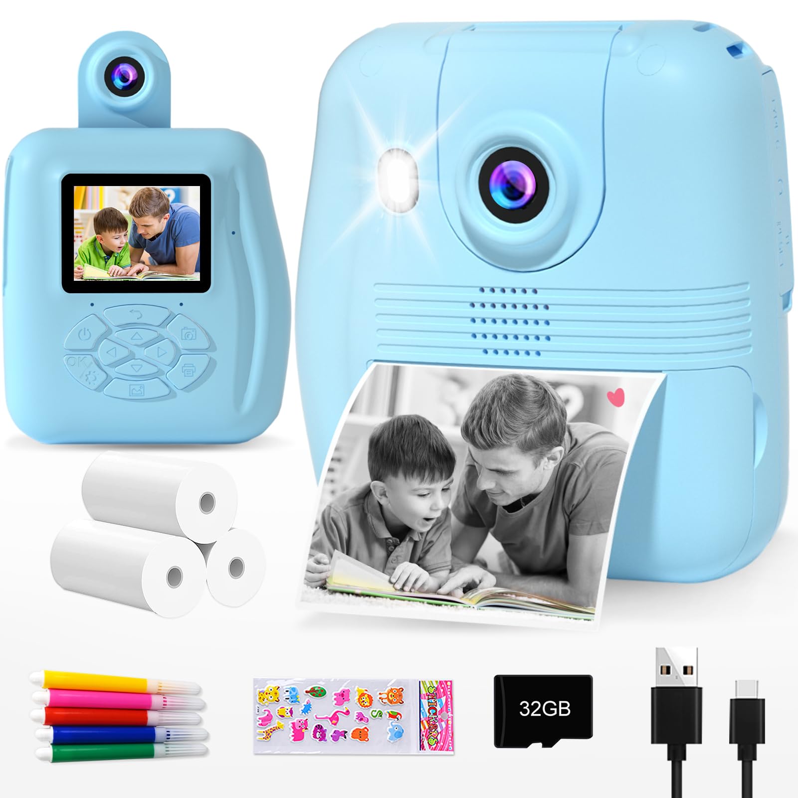 GKTZ Kids Camera Instant Print - 1080P HD 0 Ink Photo Christmas Birthday Gifts for Age 3-8 Girls Boys Portable Toy with 3 Rolls Paper, 5 Color Pens, 32GB Card Blue, PB210-32G