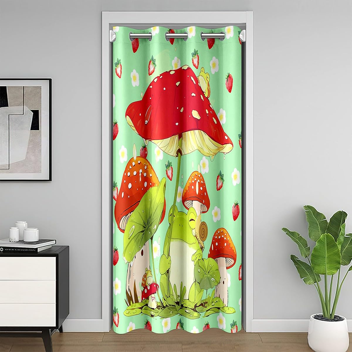 Homemissing Cartoon Cute Frog Door Cover Curtain Set 150x203cm Red Mushroom Door Curtain for Doorway Privacys Strawberry Flower Blackout Insulated Thermal Curtain Nature Room Divider Curtain Cover
